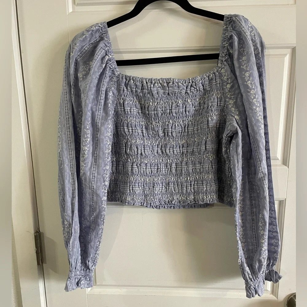 NWT American Eagle Square WomenNeck Floral Blue Crop Top Puff LongSleeves Size L